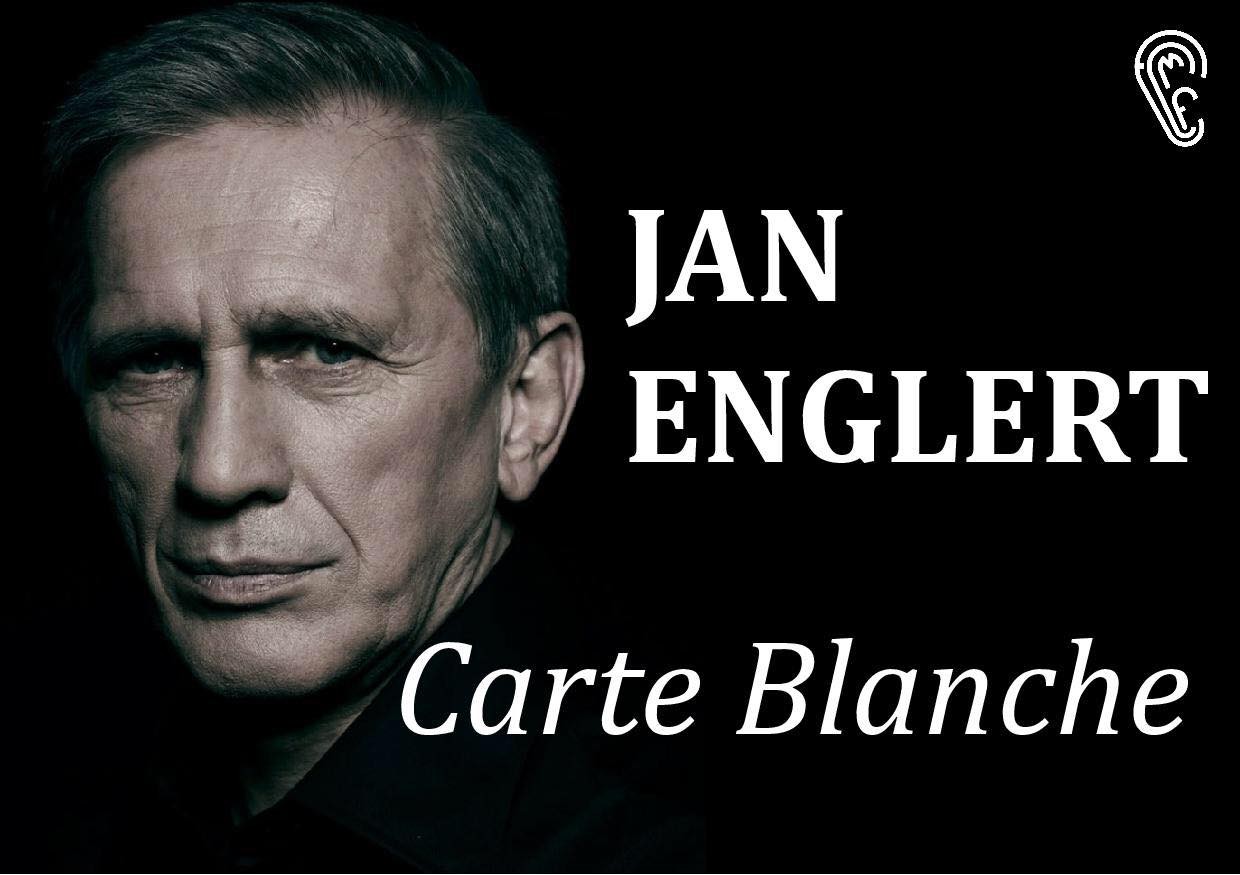 Fotografia twarzy mężczyzny, napis Jan Englert Carte Blanche
