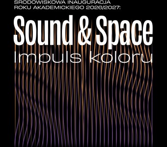 czarna, garfika, grfaiczny zapis dźwiękowych linii, biały napis "sound & Soace - impuls koloru
