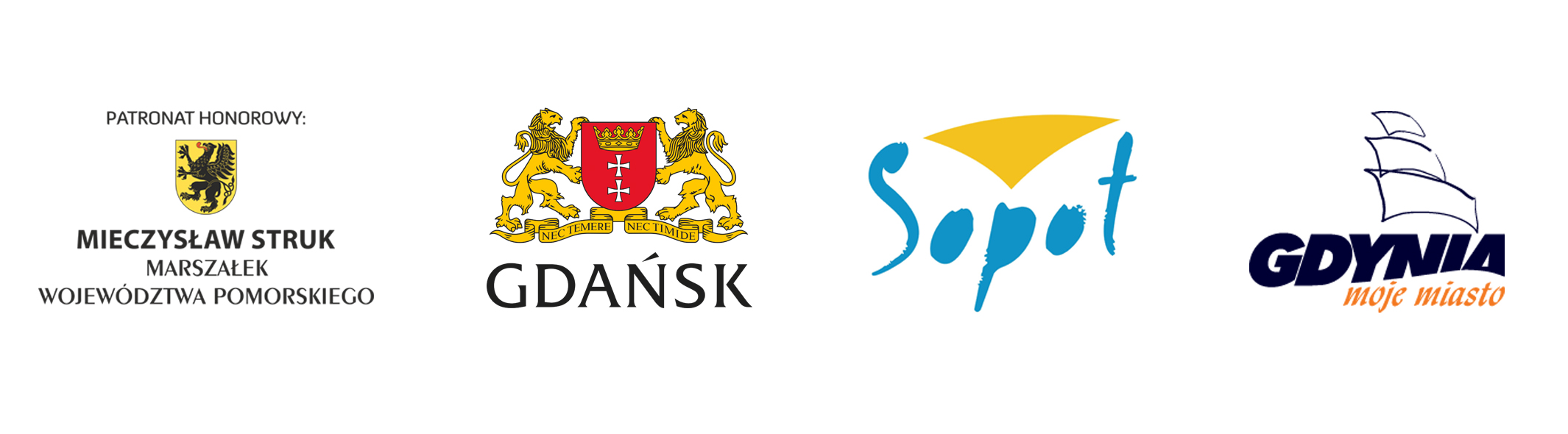 Logotypy Marszałka Województwa Pomorskiego, Miasta Gdańsk, Gdynia i Sopot