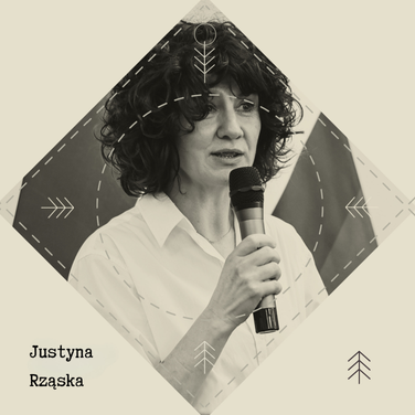 zdjęcie kobietym, mówi do mikrofonu, napis "Justyna Rząska"
