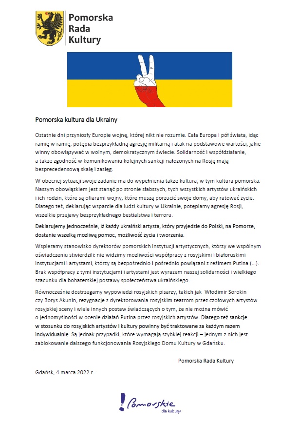 zdjęcie pisma. Stanowisko Pomorskiej Rady Kultury