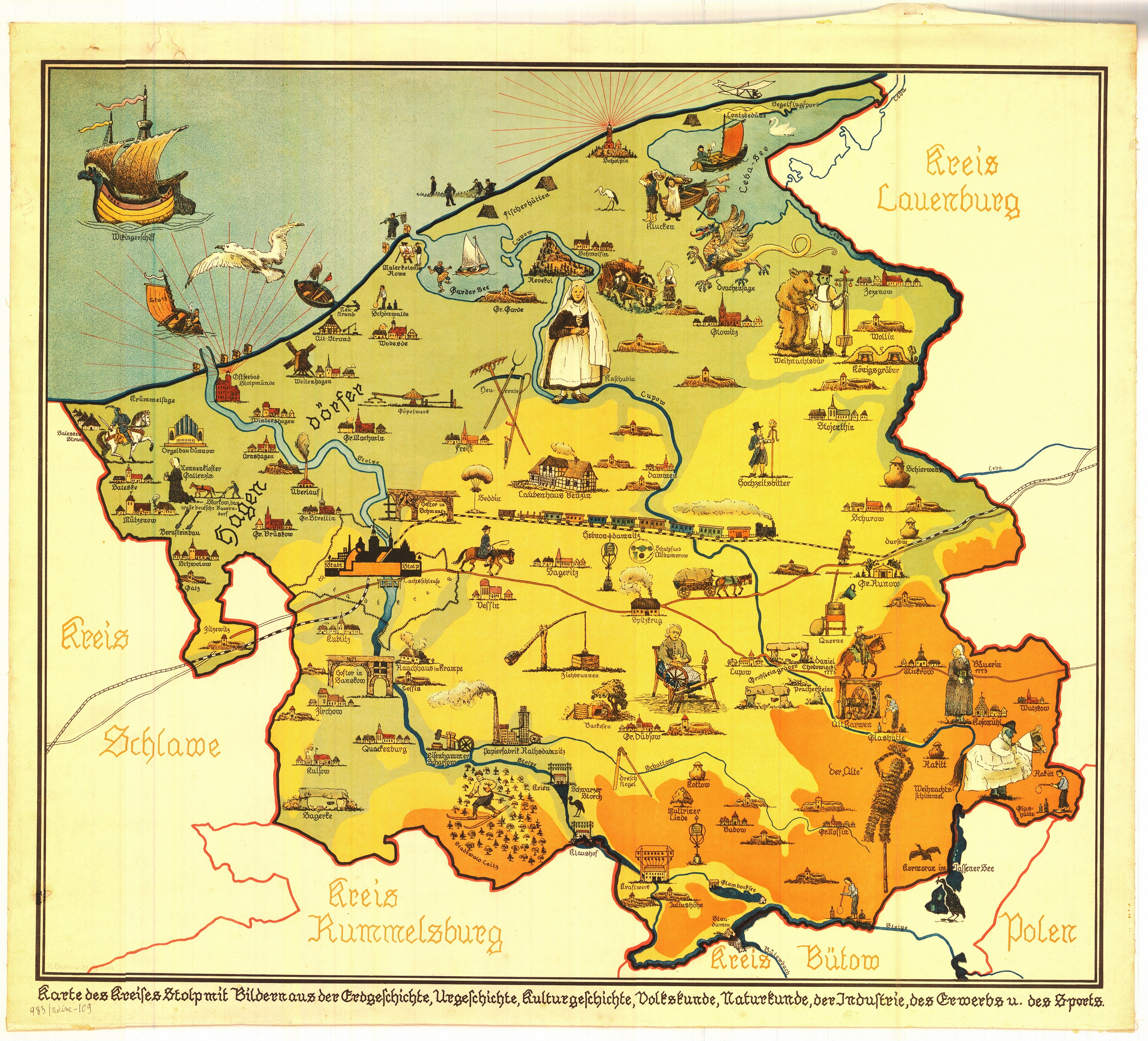 „Mapa powiatu Słupsk z ilustracjami z zakresu geologii, prehistorii, historii kultury, etnografii, przyrody, przemysłu, działalności zarobkowej i sportu”, Rudolf Hardow, 1932, źródło: Bałtycka Biblioteka Cyfrowa