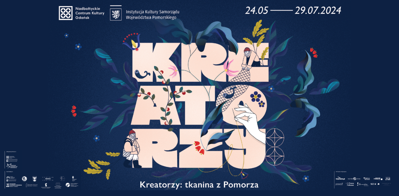 plakat do projektu kreatorzy: na środku litery nazwy projektu, dekoracje hafciarskie