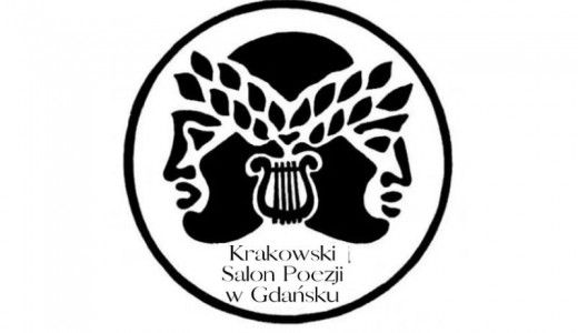 logo Krakowskiego Salonu Poezji, dwa antyczne profile złączone potylicami, na czołach wieńce laurowe