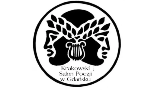 logo krakowskiego salonu poezji, czyli dwie połączone głowy w wieńcu, z harfą