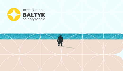 grafika, linie poziome sugerujące niebo, horyzon, plaża. Na środku postać wikinga, stoi tyłem patrzy w dal, na słońce, przy którym napis "Bałtyk na horyzoncie"