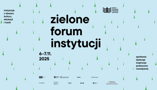 zielone forum instytucji grafika - niebieskie tło i małe choineczki