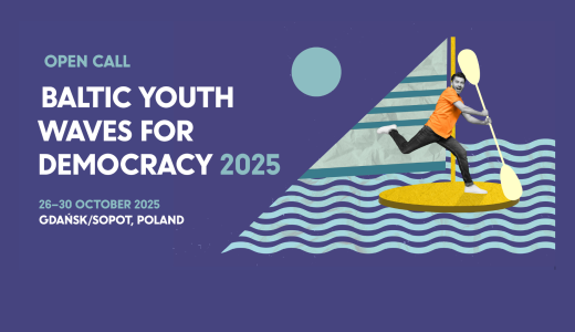 niebieska grafika młody mężczyzna na supie i narysowanych falach, napis "open call baltic youth waves for democracy 2025"