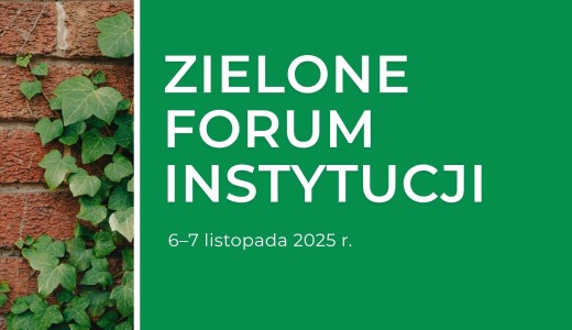 zdjęcie zeglanego muru obrośniętego bluszczem, biały napis na zielonym tle "zielone forum instytucji"