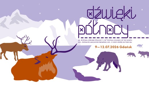 Grafika plakatu Dźwięków Północy 2026: na pierwszym planie widać leżące renifery, nad nimi napis "Dźwięki Północy"