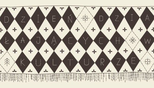 beżowo-brązowa grafika, makatka, wyszywane litery układają się w napis "Dzień Działajacych w Kulturze"