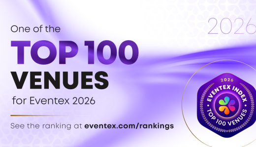 fioletowo-biała grafika, napis: one of the TOP 100 venues for EVENTEX 2026"