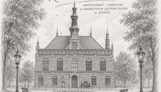 Czarno-biała ilustracja zabytkowego budynku z wieżą, otoczonego drzewami i latarniami; u góry napis „Kultura w zmianie” oraz podtytuł o centrum kultury w Gdańsku.