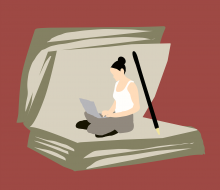 grafika kobieta z laptopem na kolanach siedzi w otwartej książce 