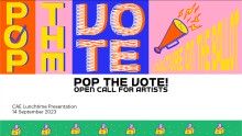 kolorowe kwadraty, kolaz liter układają się w "pop the vote"