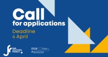 geometryczne figury, trójkąty, na ciemnogranatowym tle. Napis "call for applications. Deadline 4 april"