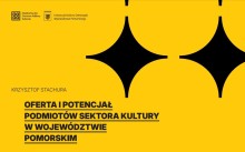 żółte tło, czarne elementy, byłyski i napis "oferta i potencjał podmiotów sektora kultury w województwie pomorskim