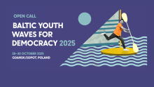 niebieska grafika młody mężczyzna na supie i narysowanych falach, napis "open call baltic youth waves for democracy 2025"