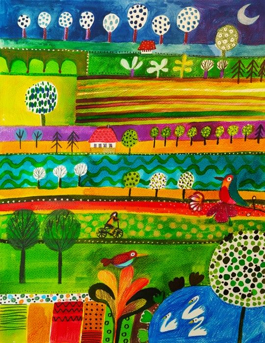 Ilustracja prezentjąca pejzaż z rzeką, kolorwyi polami, stawem i drzewami