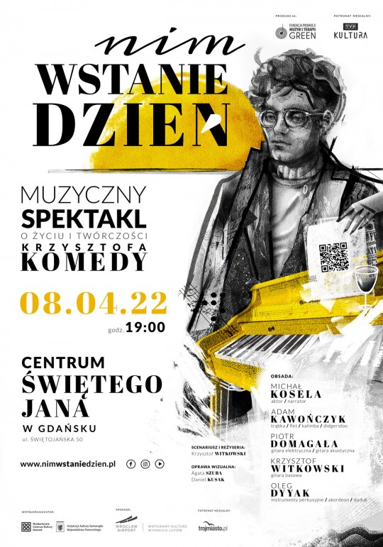 plakat spektaklu nim wstanie dzień portret Komedy, żółty fortepian, data 8.o4