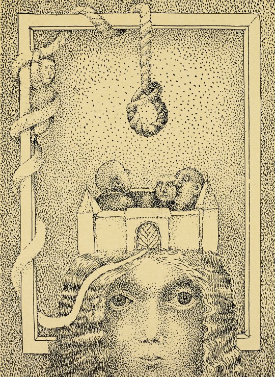 ilustracja głowy, and nią wisi sznur 