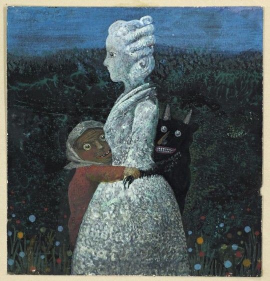 ilustracja białej damy na łącze w pasie obejmują ją diabeł i dziecko
