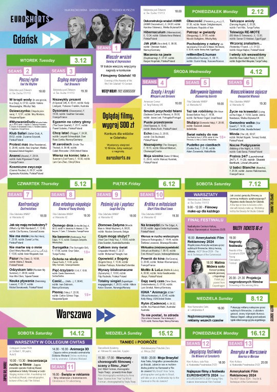 program całego festiwalu, duży plakat, na każdy dzień rozpiska jakie filmy, jakie wydarzenia o jakiej godzinie 