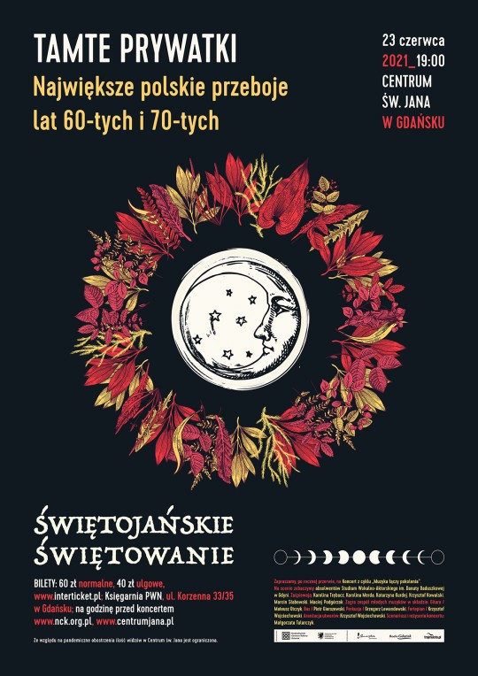 ilustracja księżyca w środku kwietnego wianka, plakat świętojańskie świętowanie, największe polskie przeboje lat 60-tych i 70-tych. koncert pt. Tamte prywatki