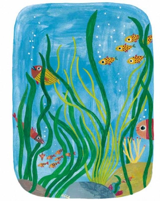 ilustracja podwodnego świata, różne ryby pośród wodnych roślin