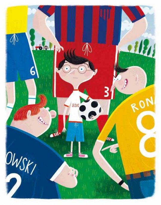 ilustracja chłopca na boisku piłkarskim w otoczeniu większych chłopców