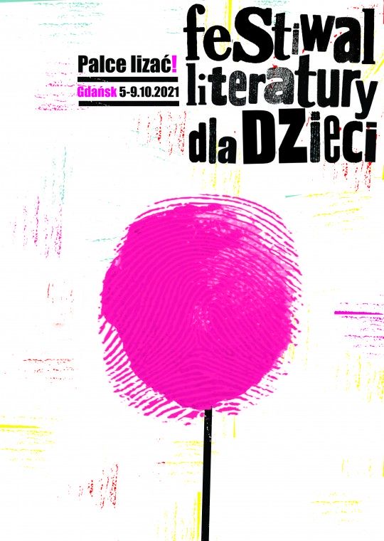 plakat festiwalu literatury dla dzieci, ręcznie malowany lizak/ balon na patyku