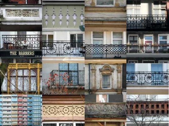 zestawienie zdjęć balkonów kamienic i budynków