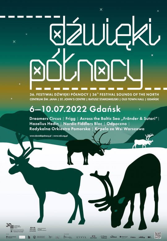 zielono żółty plakat garficzne renifery, zima, zorza. Napis "dźwięki północy"