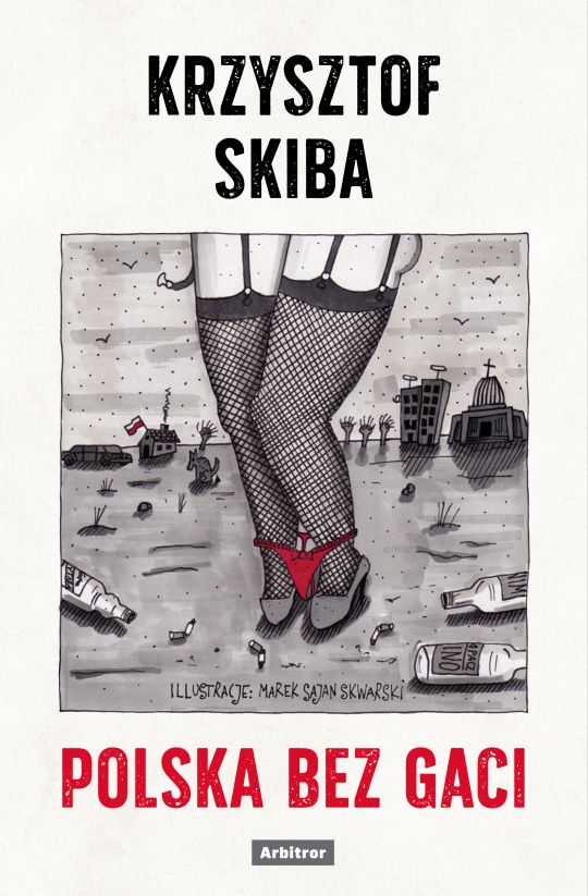 zdjęcie okładki książki ilustracja nóg kobiecych w pończochach wokół śmieci