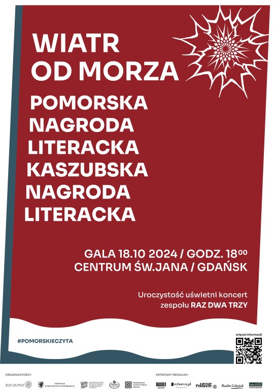 bordowa grafika, białe napisy "wiatr od morza. pomorska nagroda literacka, kaszubska nagroda literacka" gala 18.10.2024, godz. 18.00