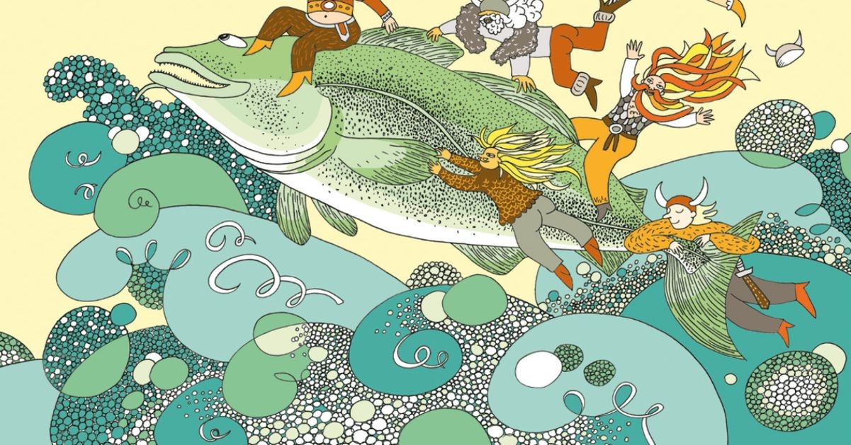 Ilustracja autorstwa prowadzącej warsztaty, Natalii Uryniuk. Na pierwszym planie jest ryba, która skacze z fal. Na grzbiecie ryby siedzi postać przypominająca człowieka. Pozostałe cztery postaci trzymają się grzzbietu ryby. 