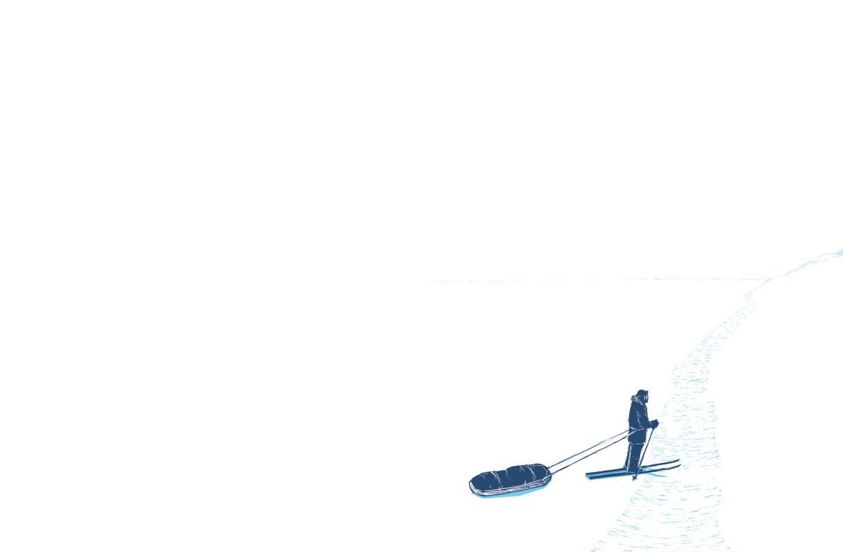 Co wyłania się z bieli? Ilustracja Bartłomieja Ignaciuka przedstawia małą postać ludzką w prawym dolnym rogu. Postać jest na nartach i ciągnie za sobą sanie. Przed nim rozpościera się zlodowaciała rzeka.