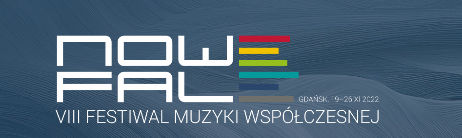Napis Nowe Fale VIII Festiwal Muzyki Współczesnej na granatowym tle
