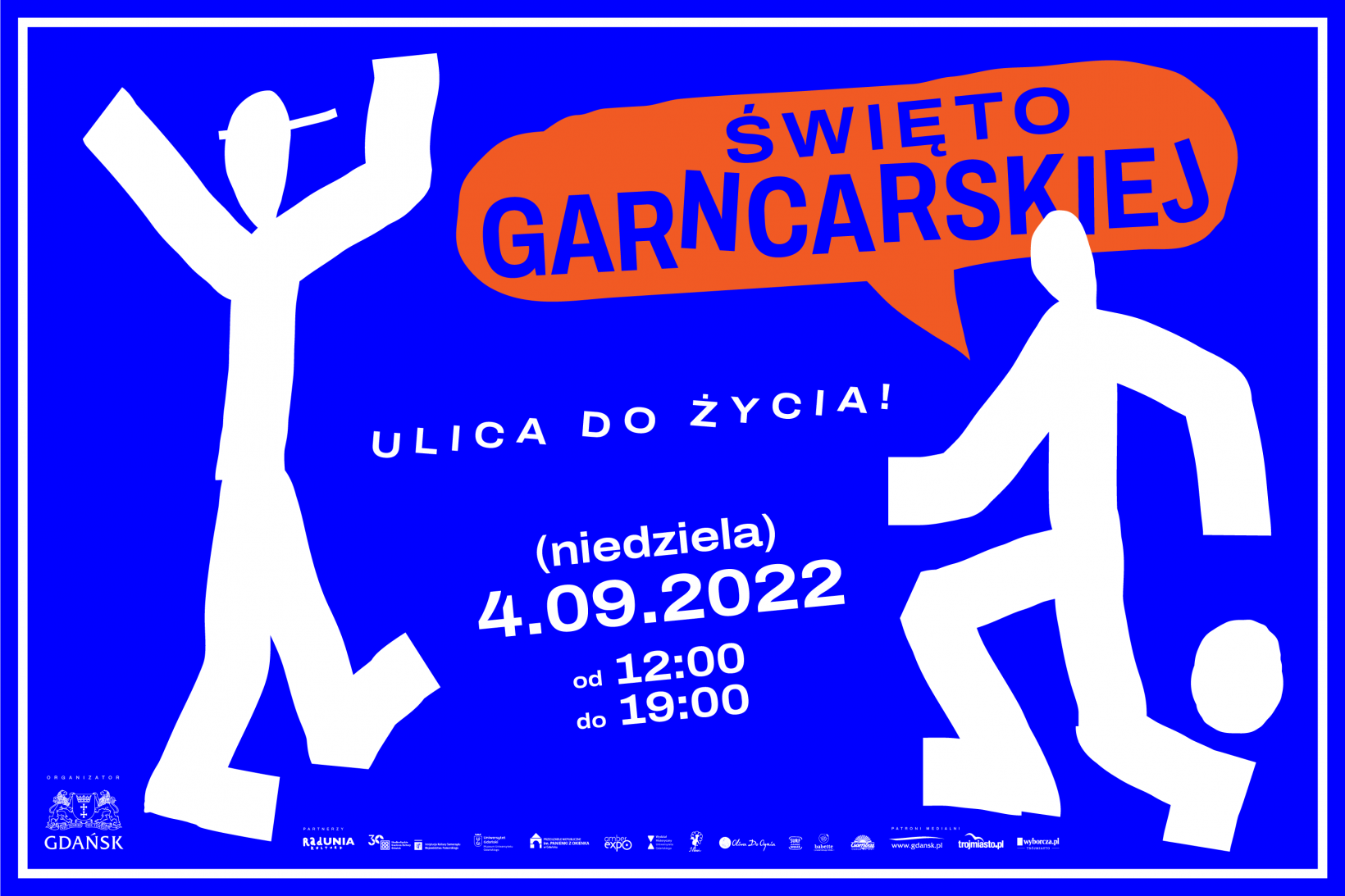 grafika promocyjna wydarzenia białe rysunkowe ludziki napis "święto garncarskiej", napis "ulica do życia", 4 września 2022, od godziny 12:00 do 19:00.