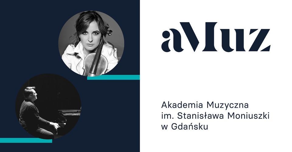 Grafika z logotypem Akademii Muzycznej w Gdańsku oraz dwa czarnobiałe zdjęcia: kobiety ze skrzypcami i mężczyzny przy fortepianie.