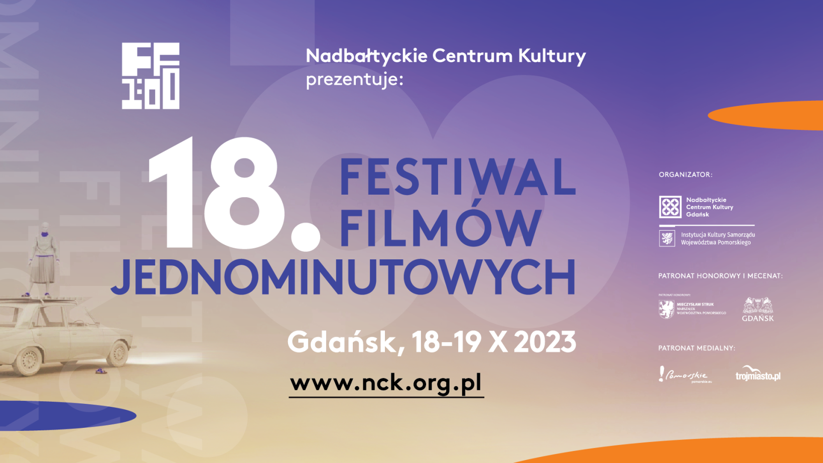 grafika fioletowo pomarańczowa, napis "18. Festiwal Filmów Jednominutowych"