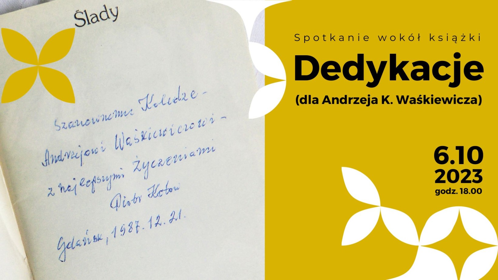 żółta grafika i zdjęcie dedykacji w książce