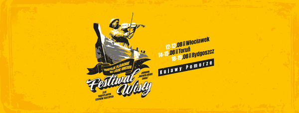żółta grafika, skrzypek płynie na łodzi, napis "Festiwal Wisły"