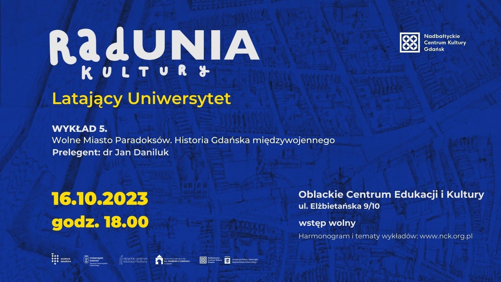 niebieskie logo. Napis "RadUNIA kultury. Latający Uniwersytet"