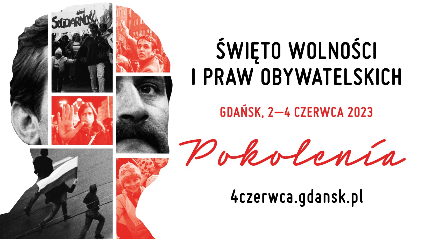 kolaż zdjęć, głowa mężczyzny, sceny z 4 czerwca 1989 w Gdańsku, Lech Wałęsa, protesty, strajki