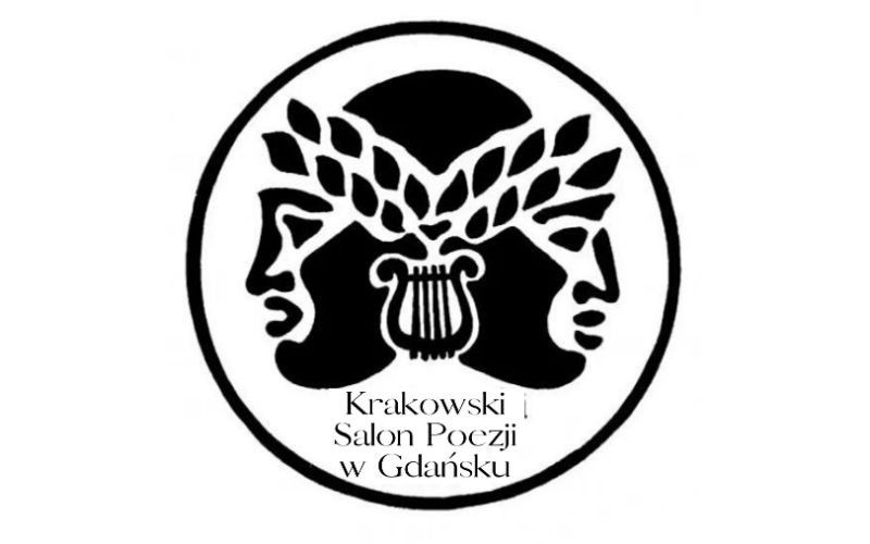 logo Krakowskiego Salonu Poezji, dwa antyczne profile złączone potylicami, na czołach wieńce laurowe
