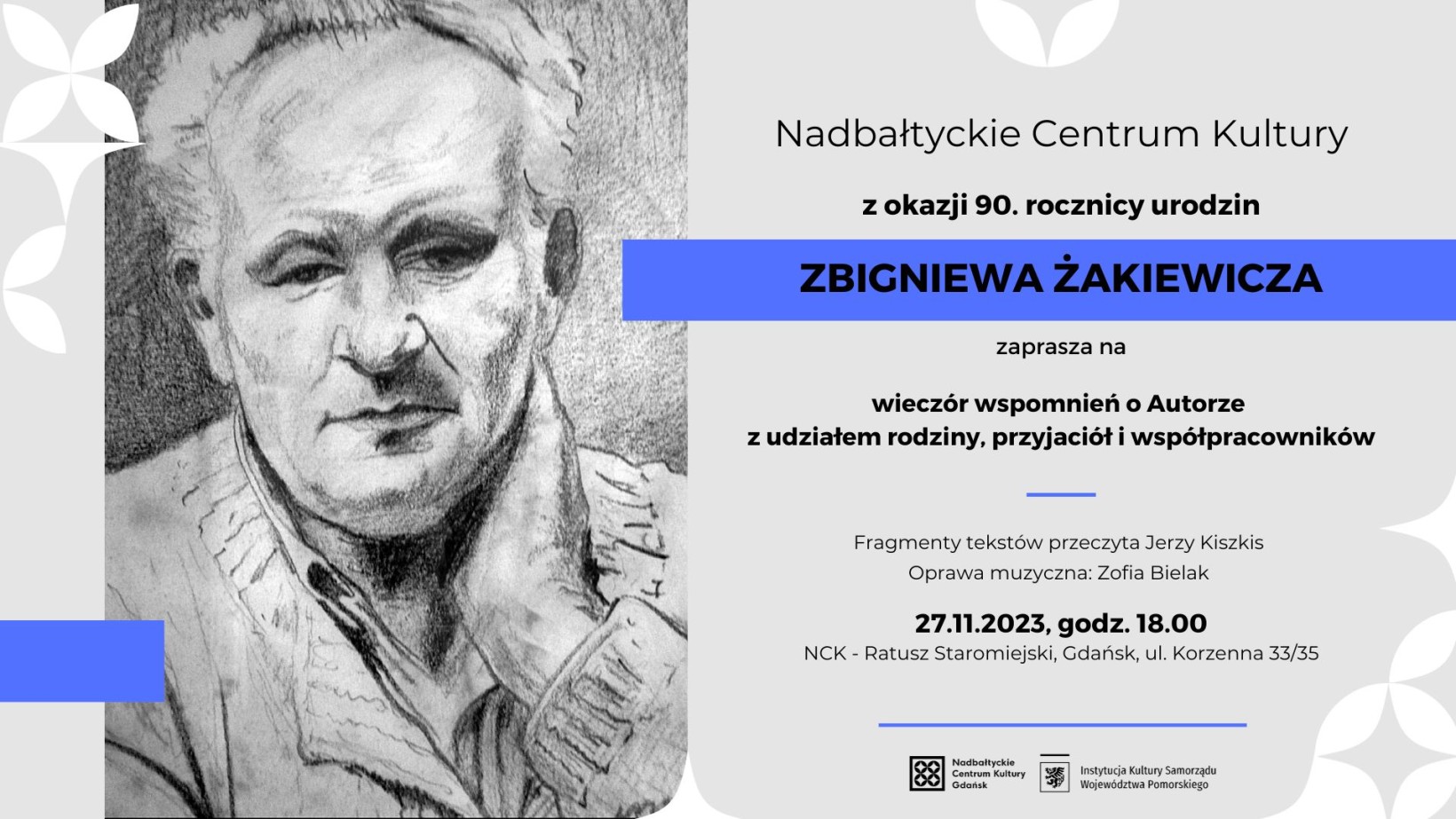 szara grafika, portret żakiewicza, zaproszenie do udziału w spotkaniu wspomnikowym