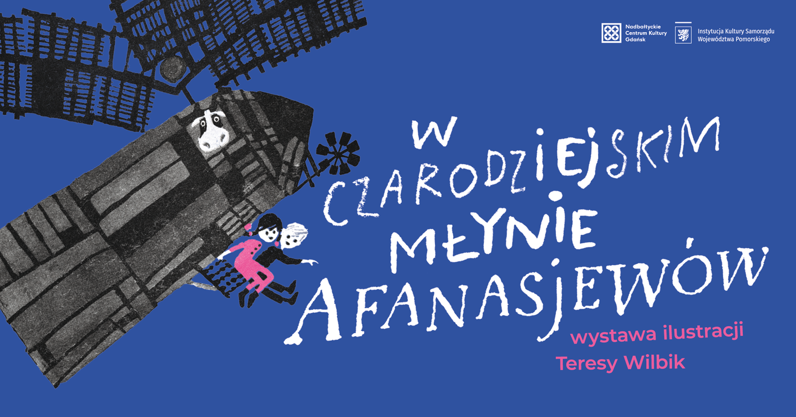 ilustracja do wydarzenia w kwadracie - z prawej strony jest młyn, w środku krowa i dwie postaci bajkowe, po lewej stronie nazwa wystawy