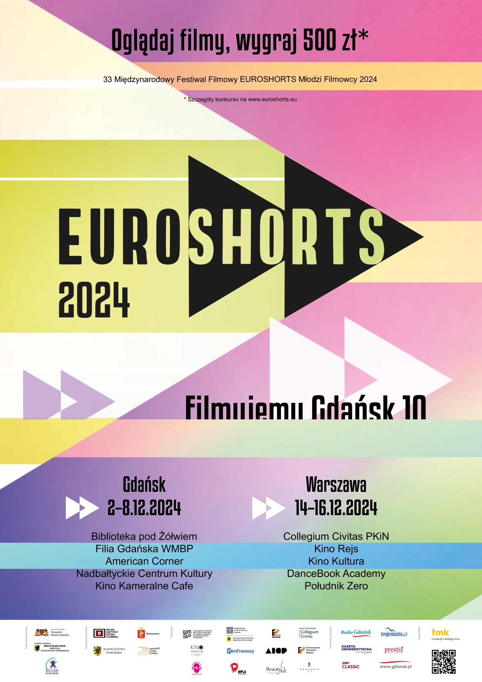 plakat do festiwalu Euroshorts 2024, hasło Filmujemy Gdańsk, na dole około 20 logo patronatów medialnych, kolorowy plakat ze strzałkami, dwoma trójkątami 