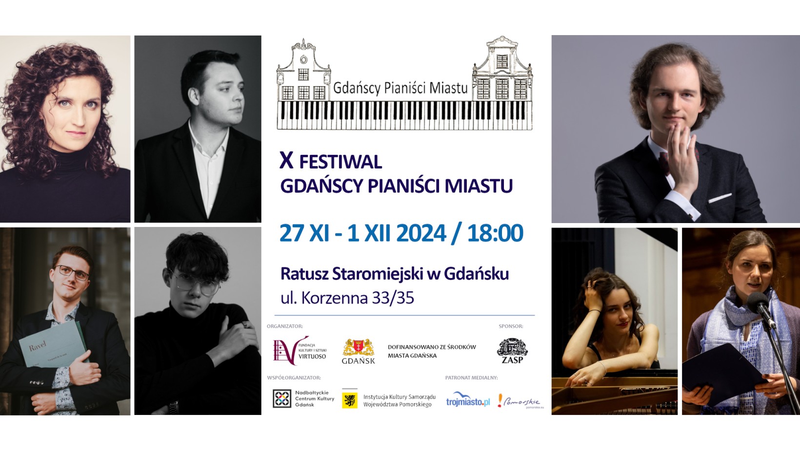 plakat do wydarzenia X festiwal Gdańscy Pianiści Miastu - na plakacie zdjęcia muzyków, którzy wystąpią, nazwa festiwalu i jego termin